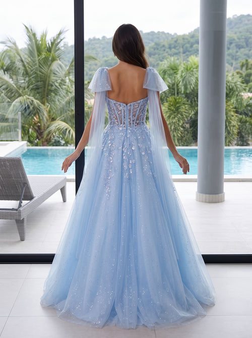 Blue Tulle A-Line Sweetheart Corset Back Floor-Length Dress with Shoulder Bows