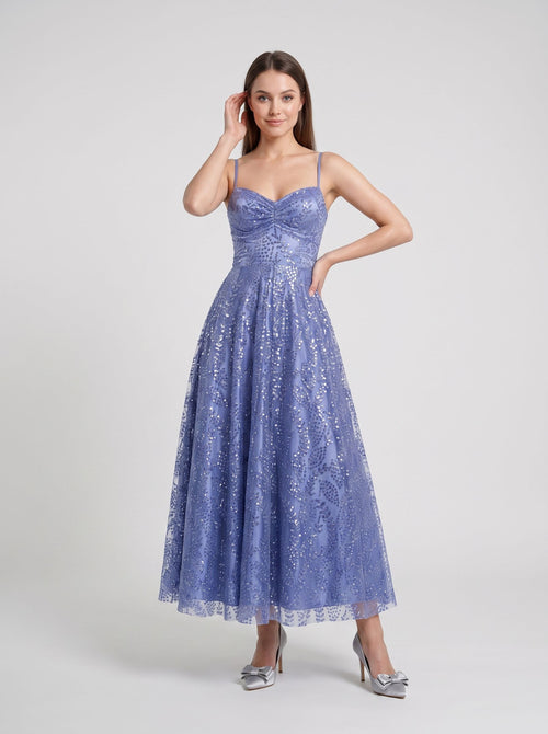 Blue Sequins A-Line V-Neck Floor-Length Dress with Criss-Cross Straps
