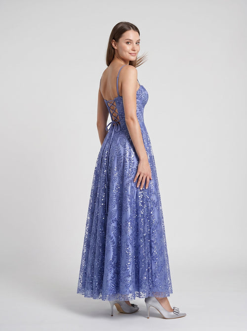 Blue Sequins A-Line V-Neck Floor-Length Dress with Criss-Cross Straps