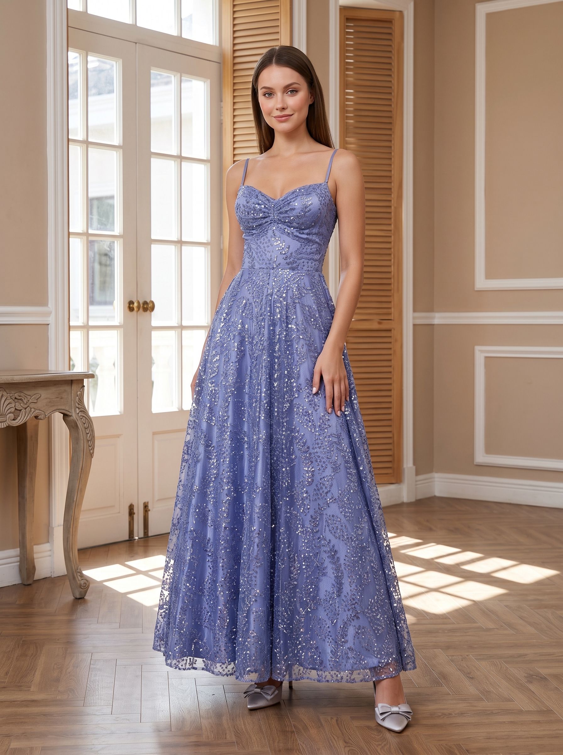 Blue Sequins A-Line V-Neck Floor-Length Dress with Criss-Cross Straps