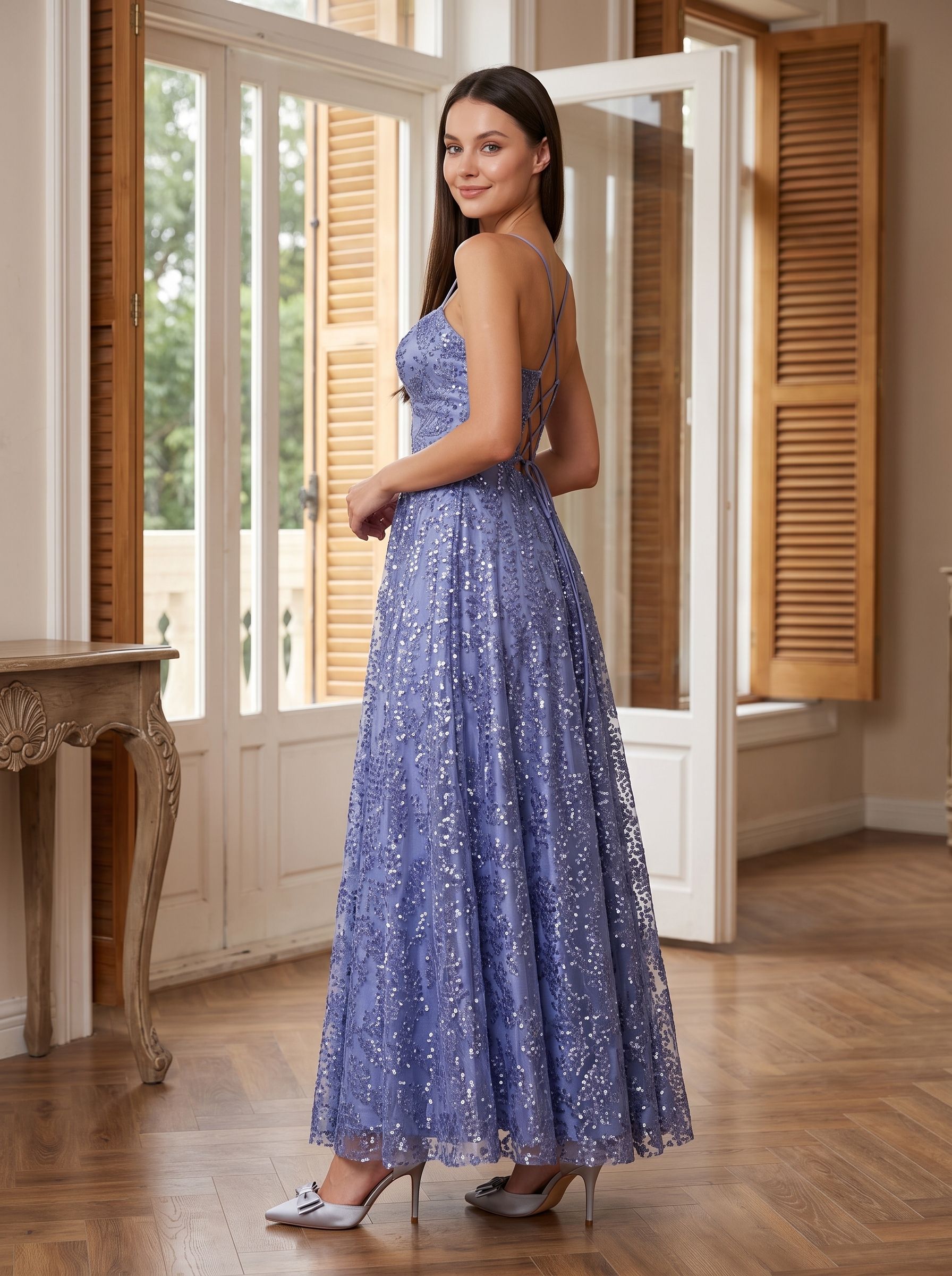 Blue Sequins A-Line V-Neck Floor-Length Dress with Criss-Cross Straps