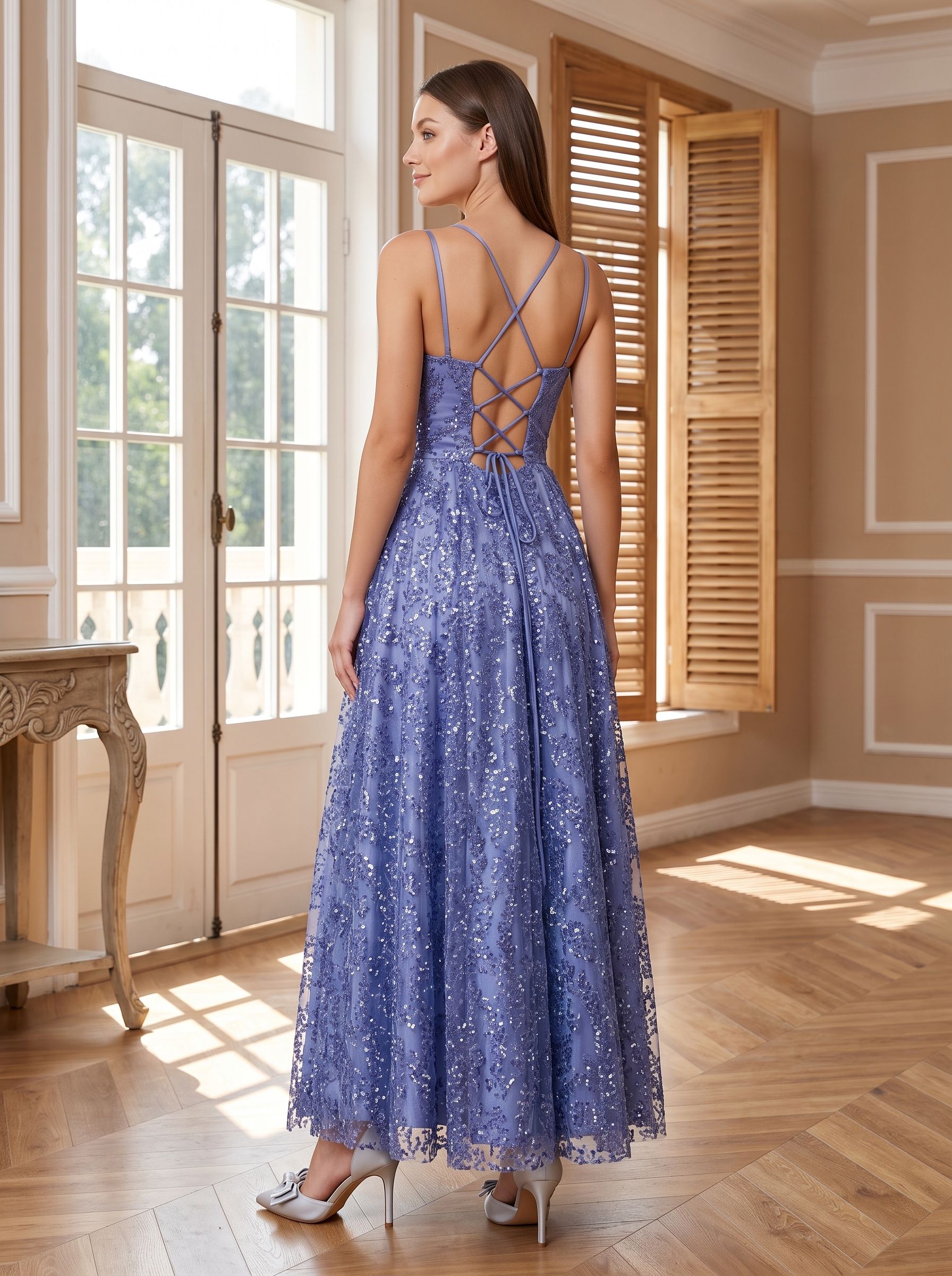 Blue Sequins A-Line V-Neck Floor-Length Dress with Criss-Cross Straps