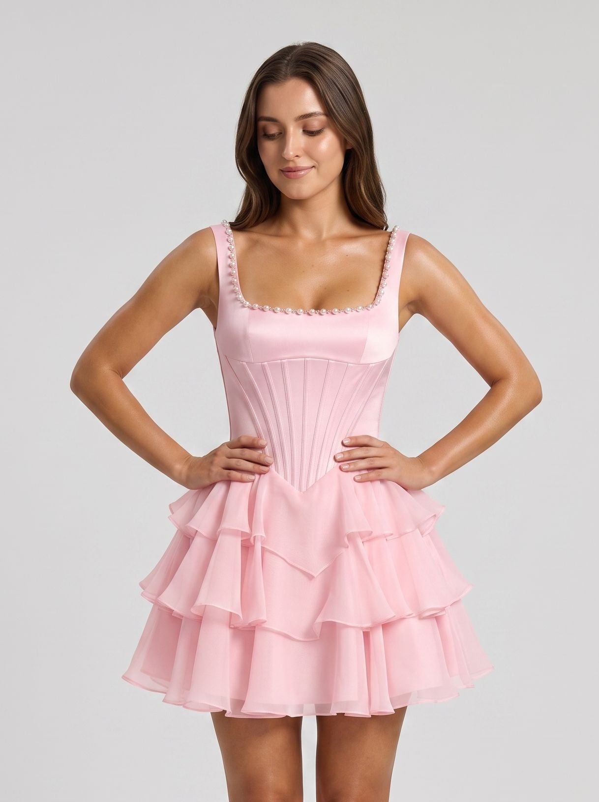 Petal Chiffon A-Line Straight Neck Corset Back Short Dress with Cascading Ruffles