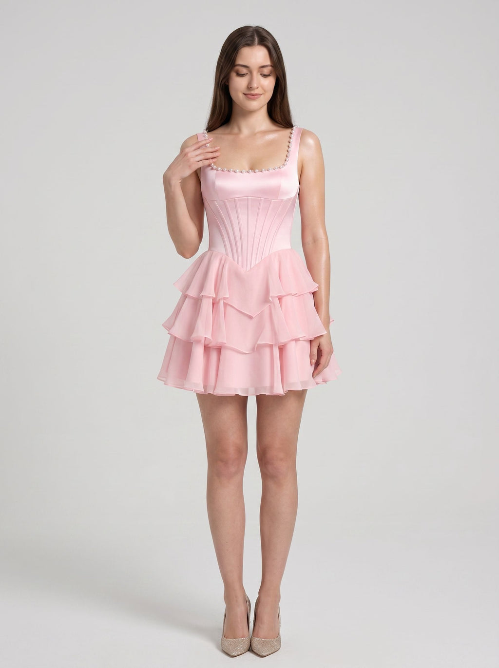 Petal Chiffon A-Line Straight Neck Corset Back Short Dress with Cascading Ruffles
