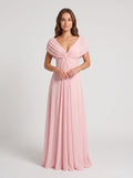 Petal Chiffon A-Line V-Neck Back Zip Floor-Length Dress with Cascading Ruffles