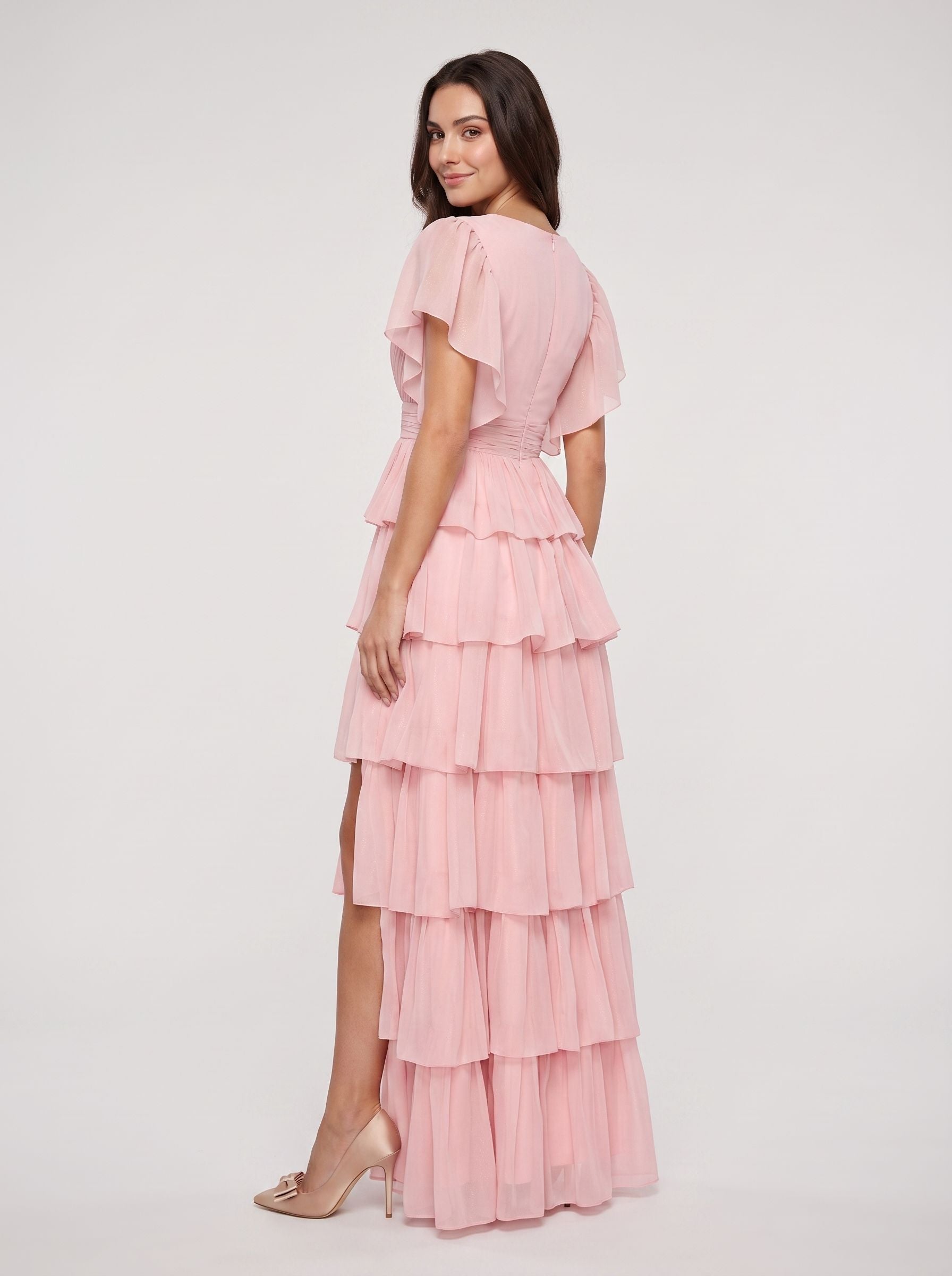 Petal Chiffon A-Line V-Neck Back Zip Floor-Length Dress with Tiered Ruffles