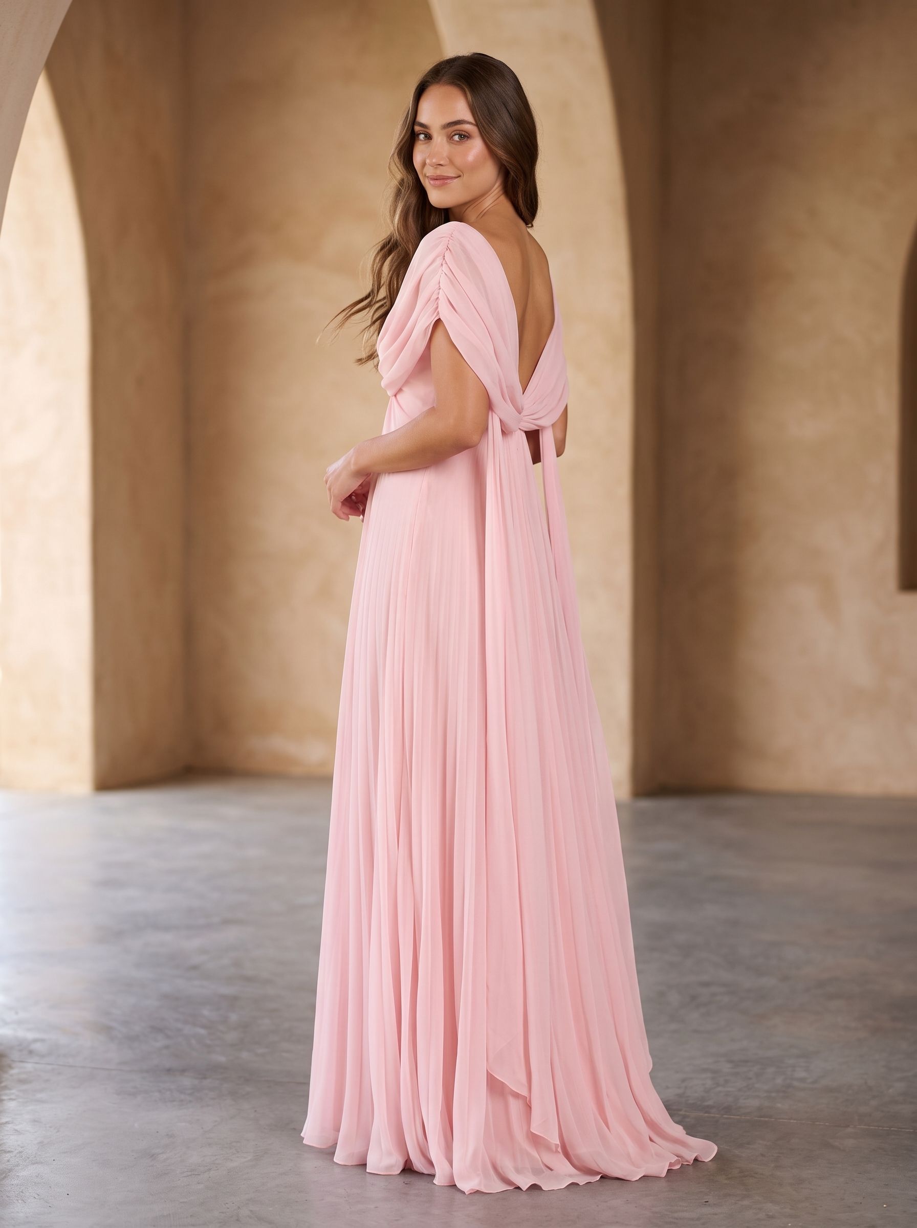 Petal Chiffon A-Line V-Neck Back Zip Floor-Length Dress with Cascading Ruffles