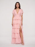 Petal Chiffon A-Line V-Neck Back Zip Floor-Length Dress with Tiered Ruffles