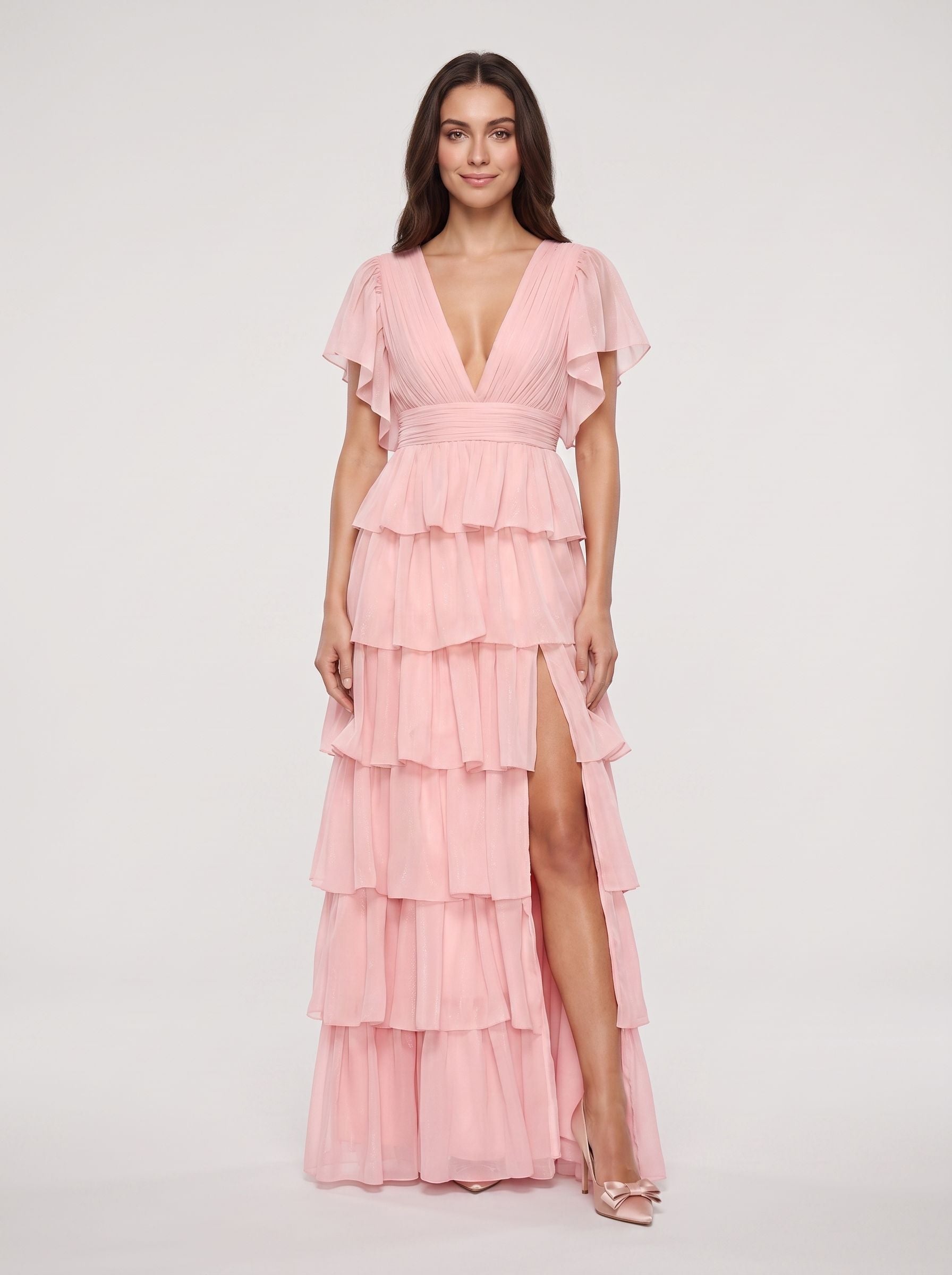 Petal Chiffon A-Line V-Neck Back Zip Floor-Length Dress with Tiered Ruffles