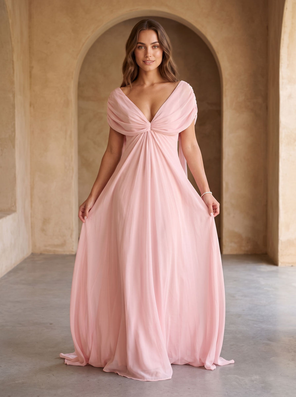 Petal Chiffon A-Line V-Neck Back Zip Floor-Length Dress with Cascading Ruffles