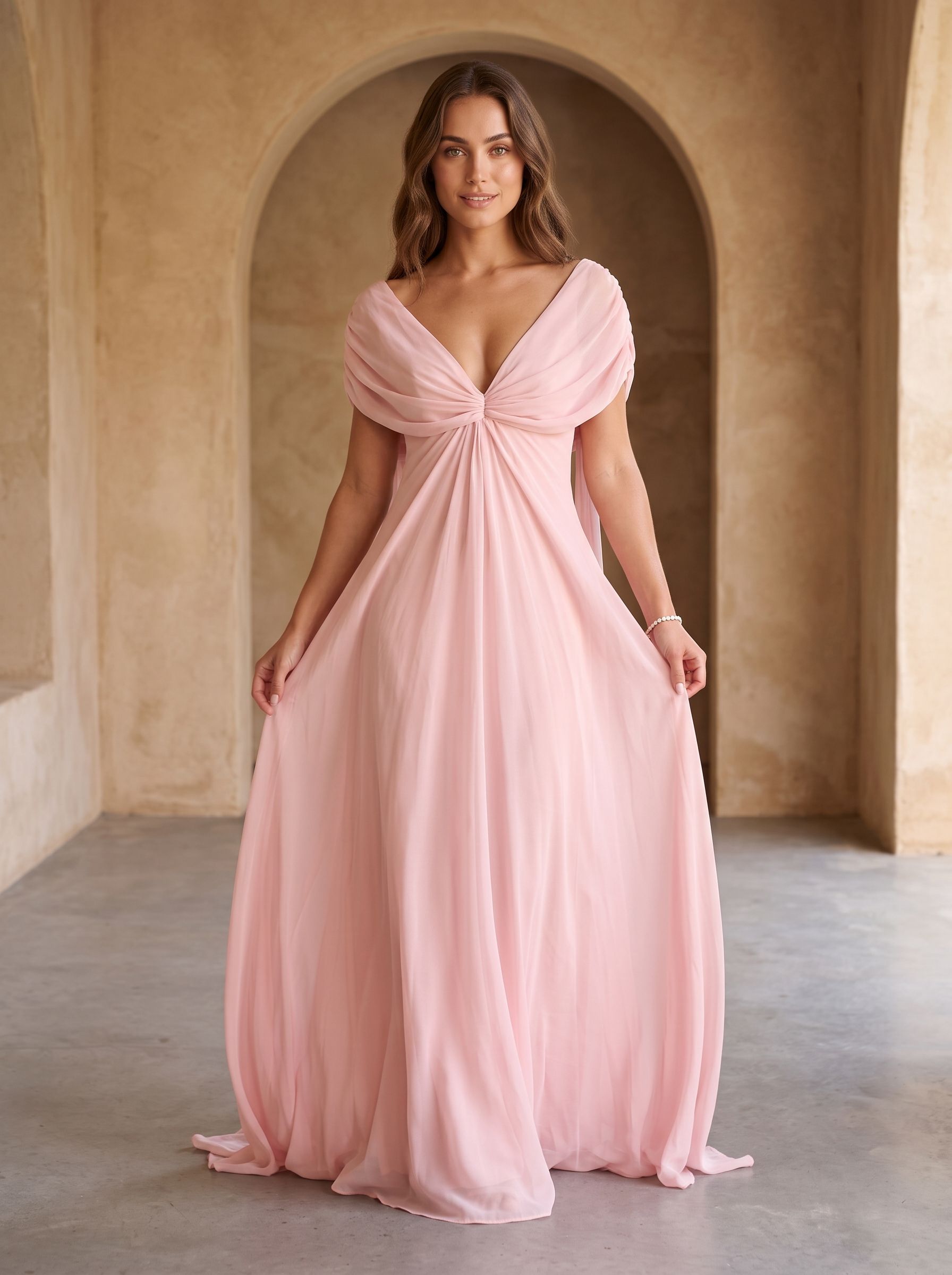 Petal Chiffon A-Line V-Neck Back Zip Floor-Length Dress with Cascading Ruffles