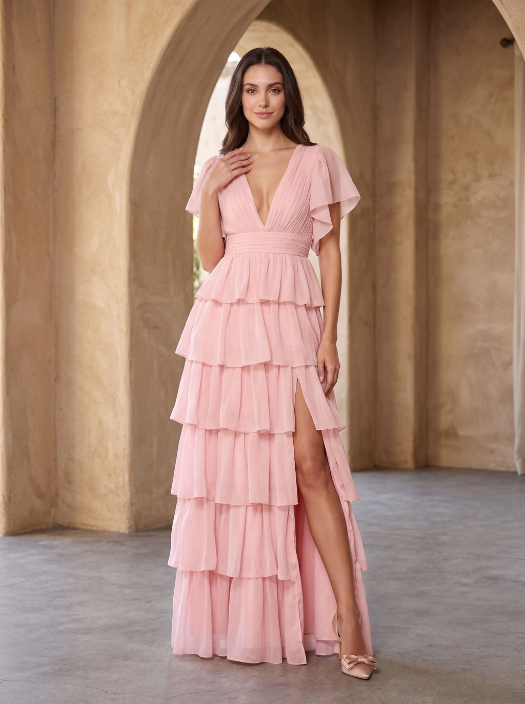 Petal Chiffon A-Line V-Neck Back Zip Floor-Length Dress with Tiered Ruffles