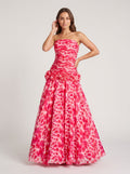 Petal Chiffon A-Line Straight Neck Back Zip Floor-Length Dress with 3D Flowers
