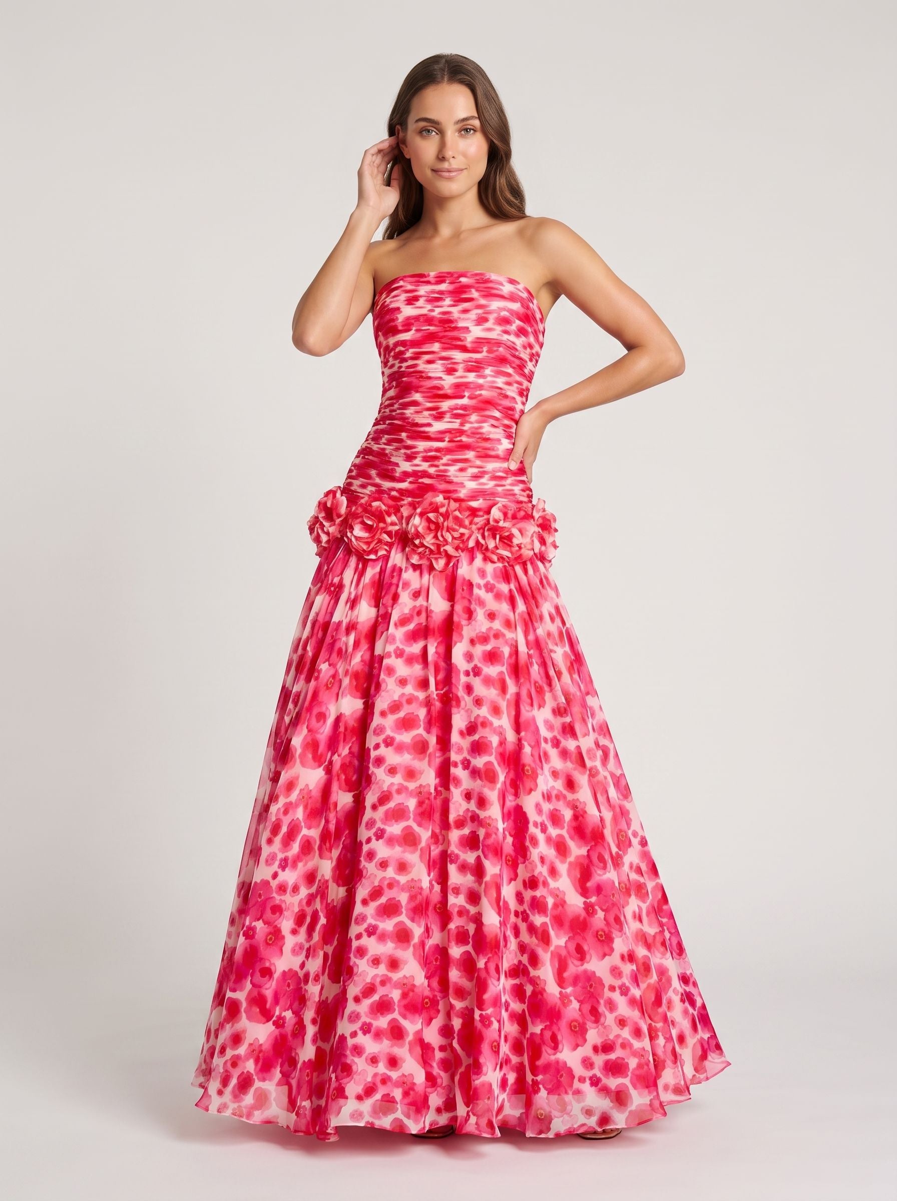 Petal Chiffon A-Line Straight Neck Back Zip Floor-Length Dress with 3D Flowers