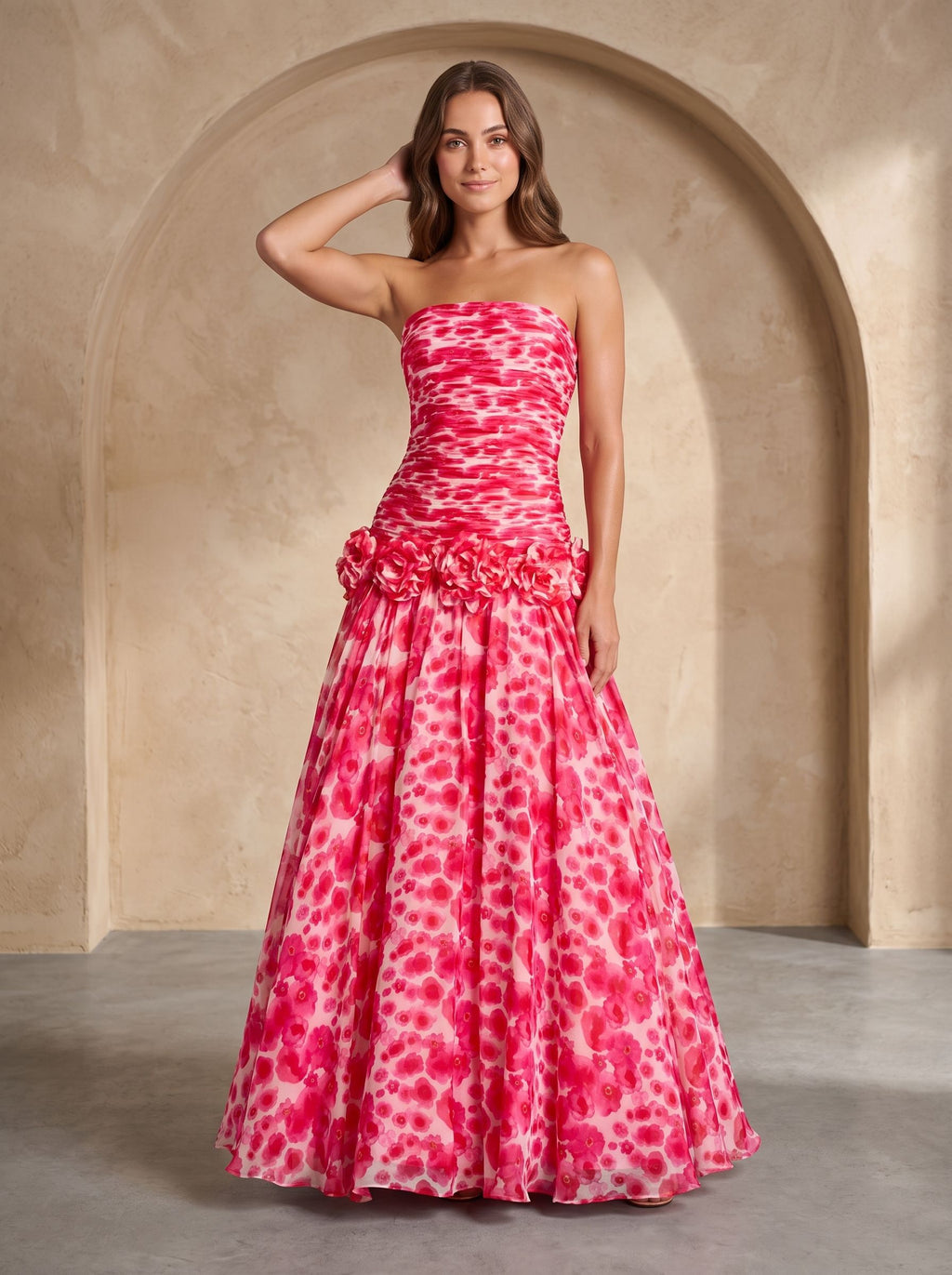 Petal Chiffon A-Line Straight Neck Back Zip Floor-Length Dress with 3D Flowers