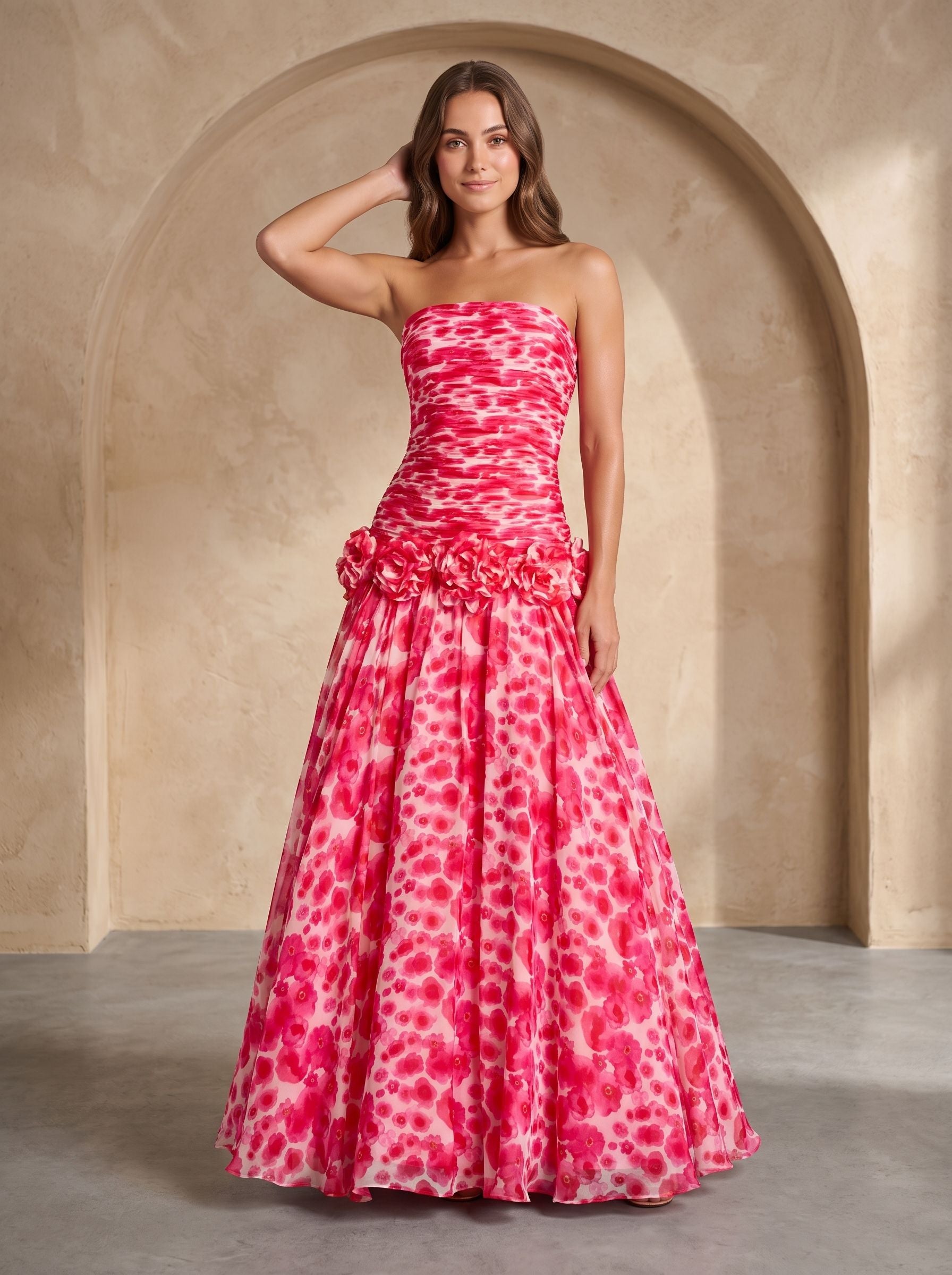 Petal Chiffon A-Line Straight Neck Back Zip Floor-Length Dress with 3D Flowers