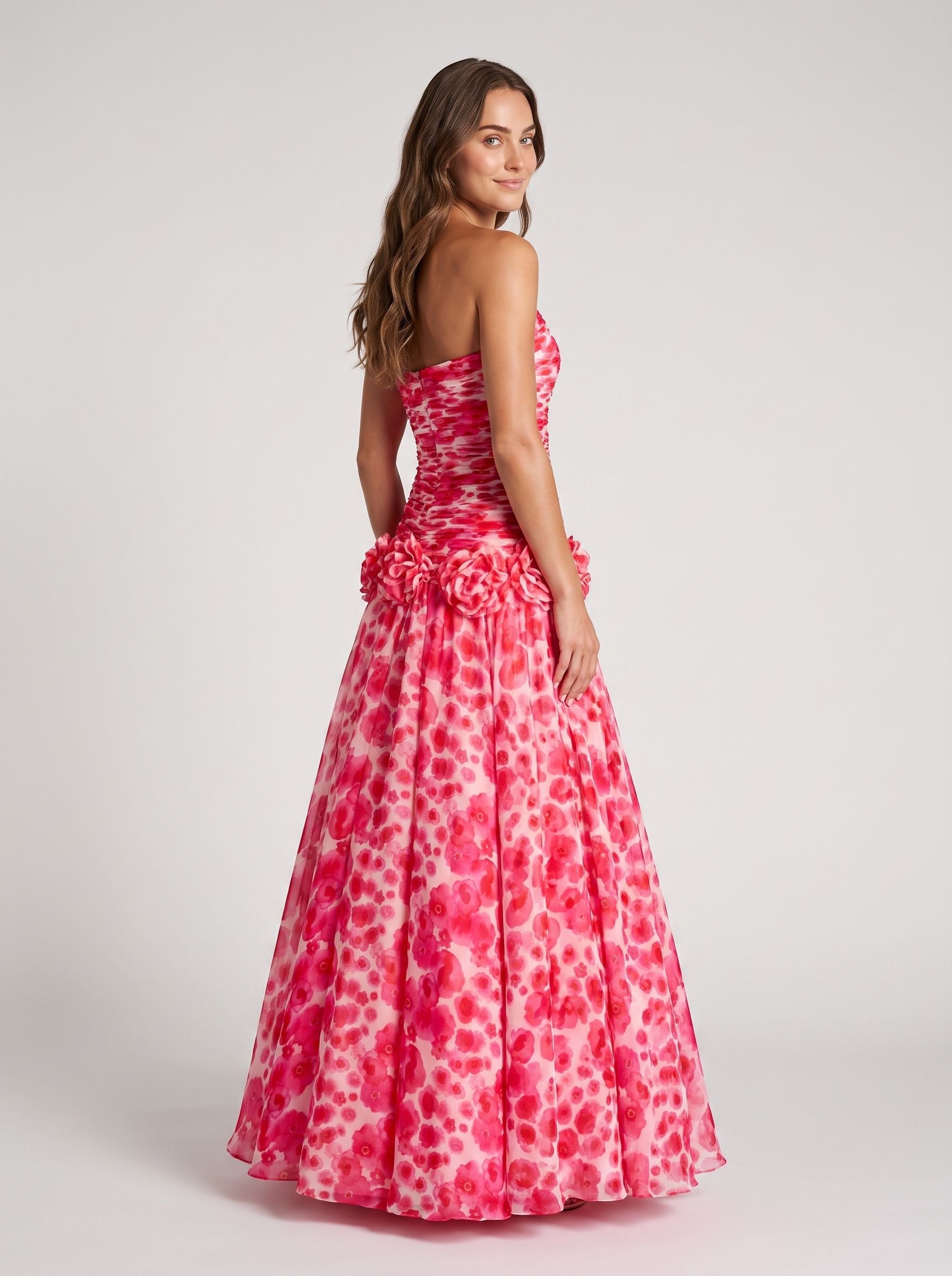 Petal Chiffon A-Line Straight Neck Back Zip Floor-Length Dress with 3D Flowers