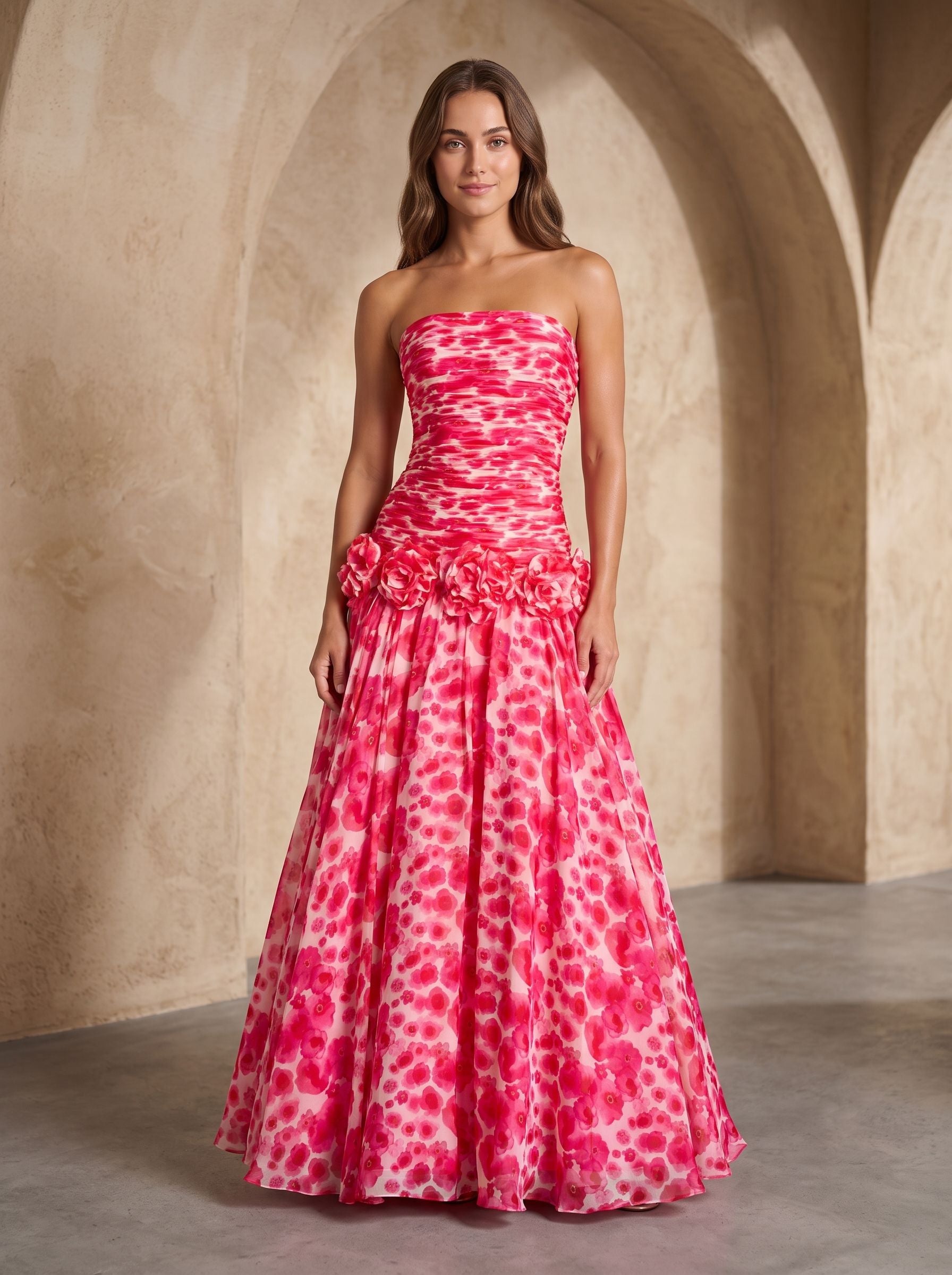 Petal Chiffon A-Line Straight Neck Back Zip Floor-Length Dress with 3D Flowers