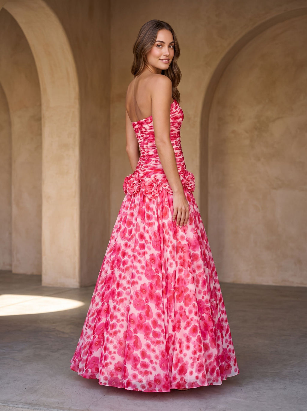 Petal Chiffon A-Line Straight Neck Back Zip Floor-Length Dress with 3D Flowers