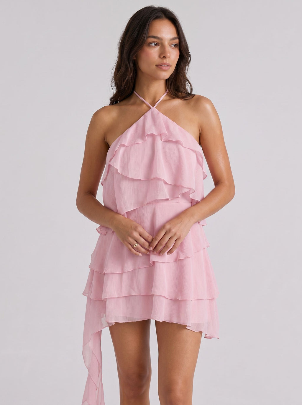 Petal Chiffon A-Line Halter neckline Backless Short Dress with Cascading Ruffles