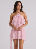 Petal Chiffon A-Line Halter neckline Backless Short Dress with Cascading Ruffles