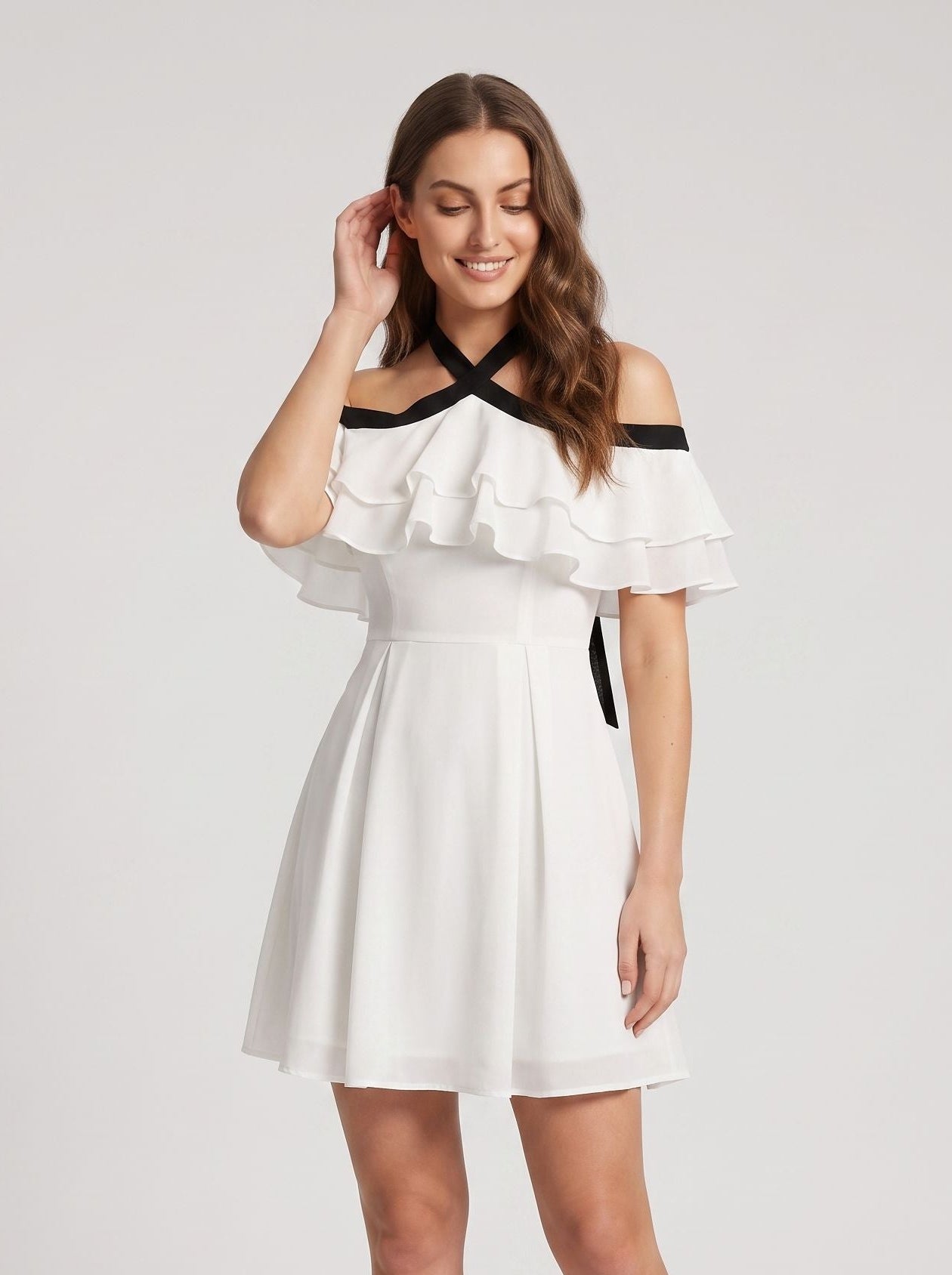 White Chiffon A-Line Halter neckline Backless Short Dress with Ruffles