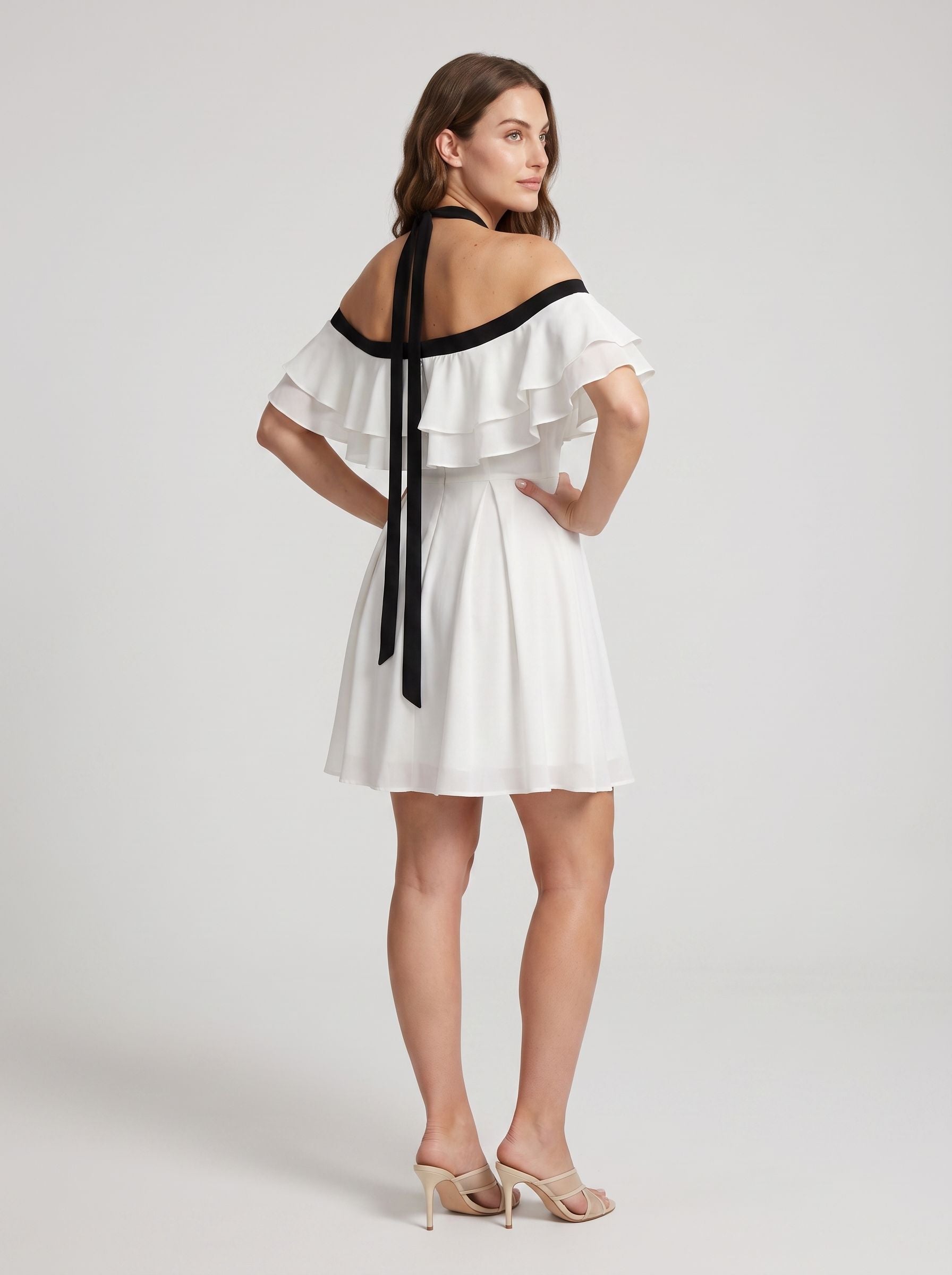 White Chiffon A-Line Halter neckline Backless Short Dress with Ruffles