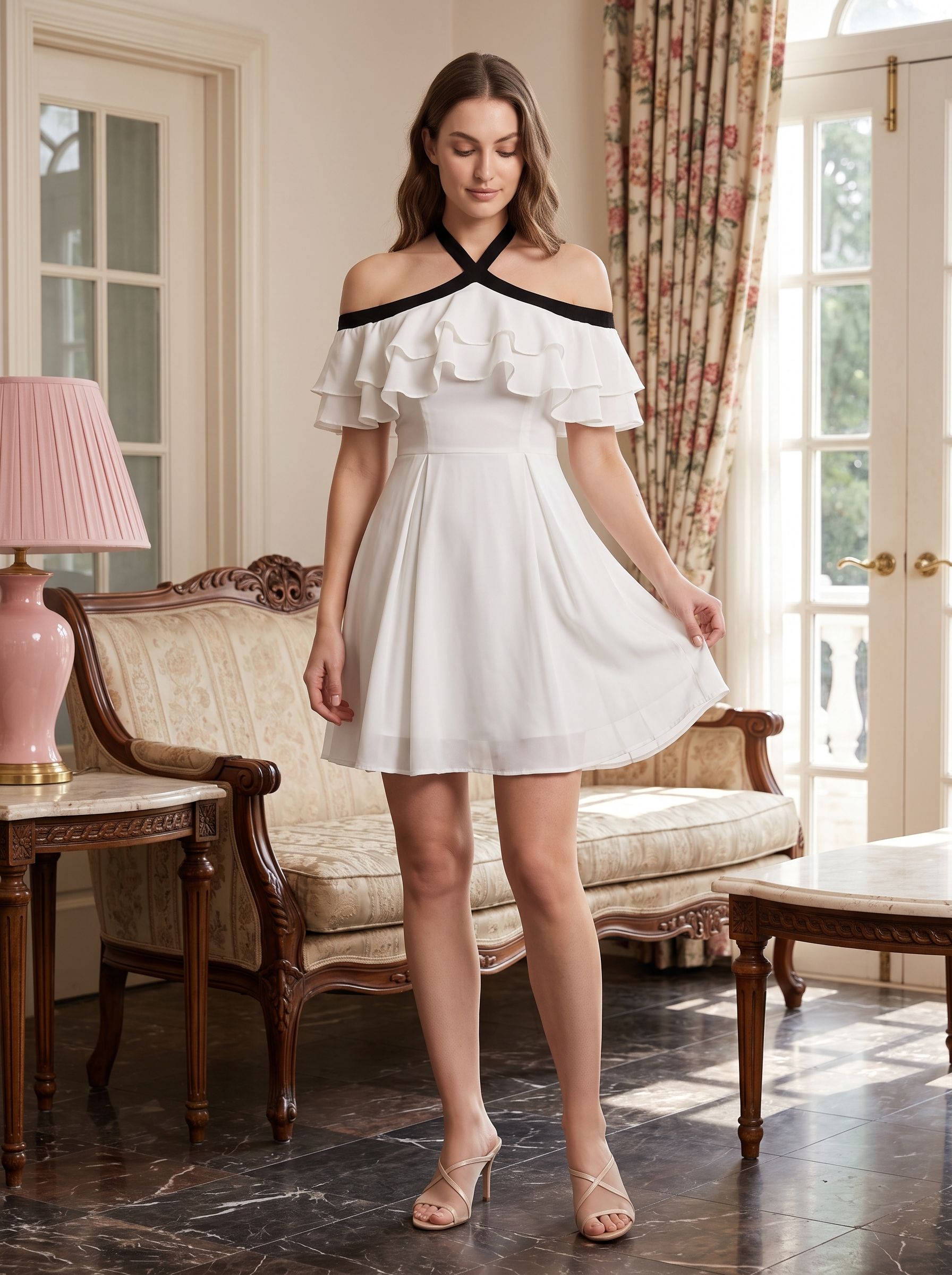 White Chiffon A-Line Halter neckline Backless Short Dress with Ruffles