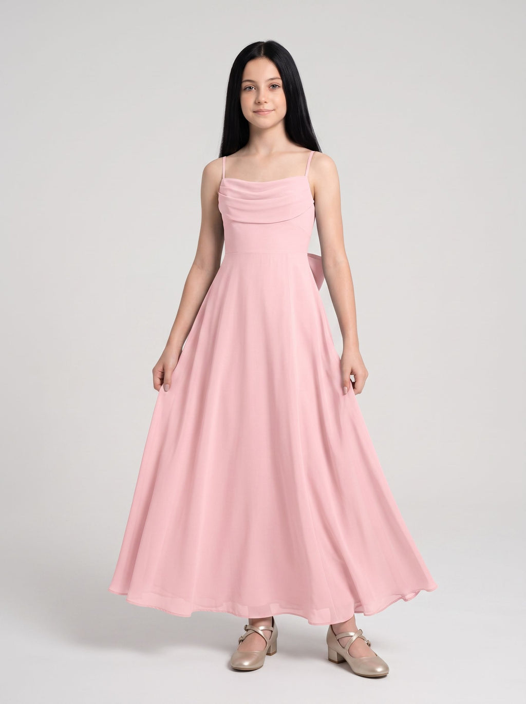 Petal Chiffon A-Line Straight Neck Back Zip Floor-Length Dress with Pleated Bodice