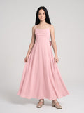 Petal Chiffon A-Line Straight Neck Back Zip Floor-Length Dress with Pleated Bodice