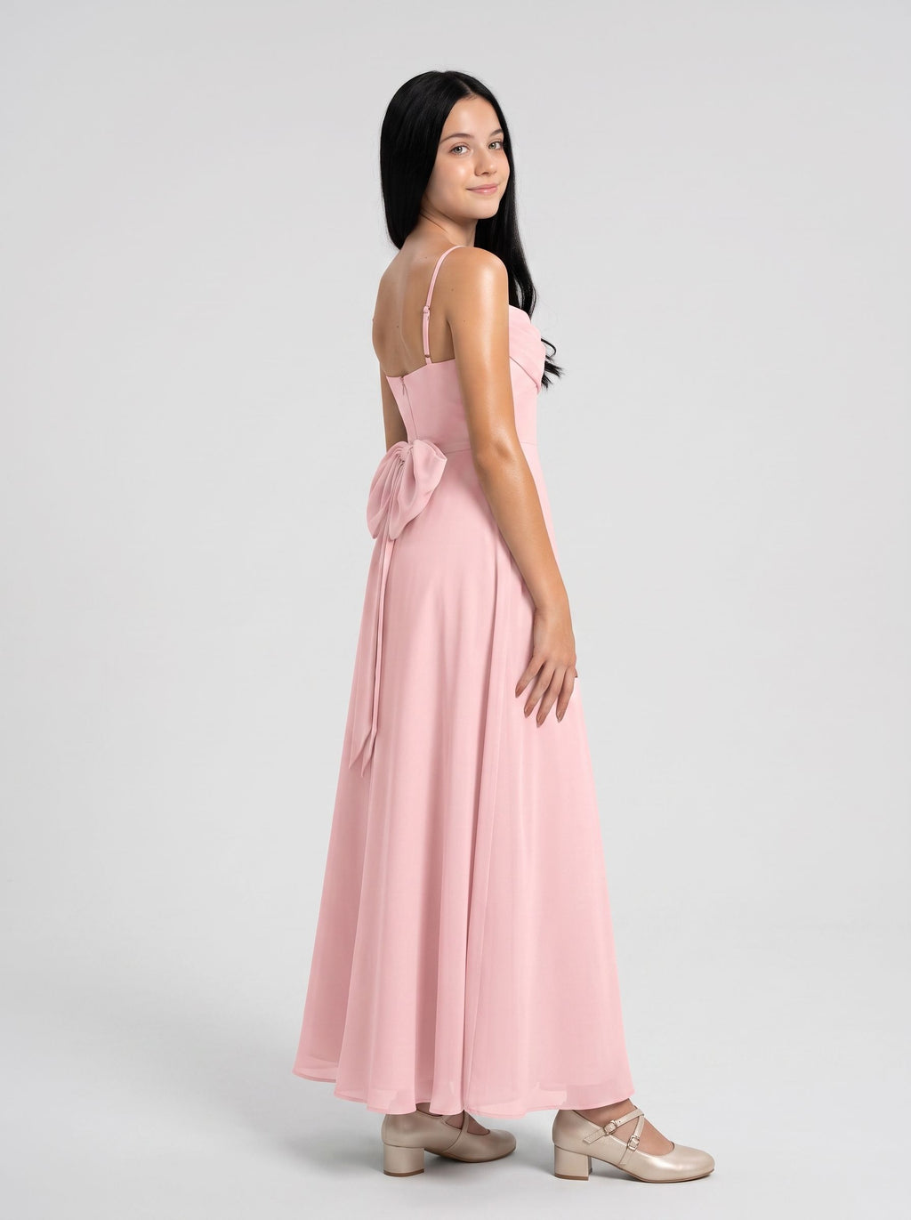 Petal Chiffon A-Line Straight Neck Back Zip Floor-Length Dress with Pleated Bodice