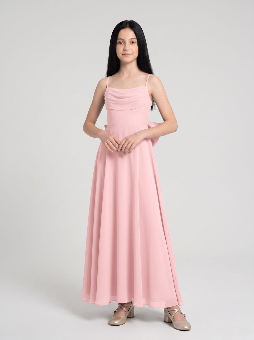 Petal Chiffon A-Line Straight Neck Back Zip Floor-Length Dress with Pleated Bodice