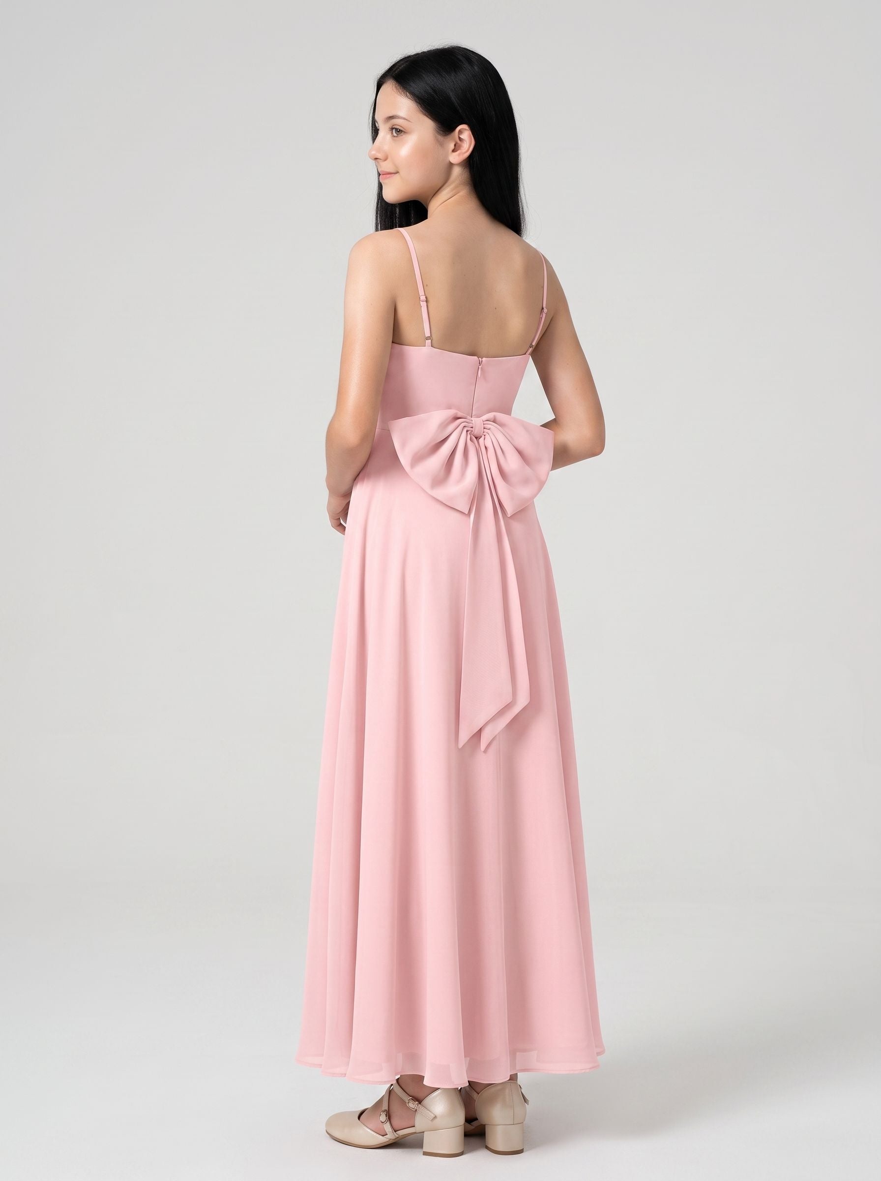 Petal Chiffon A-Line Straight Neck Back Zip Floor-Length Dress with Pleated Bodice