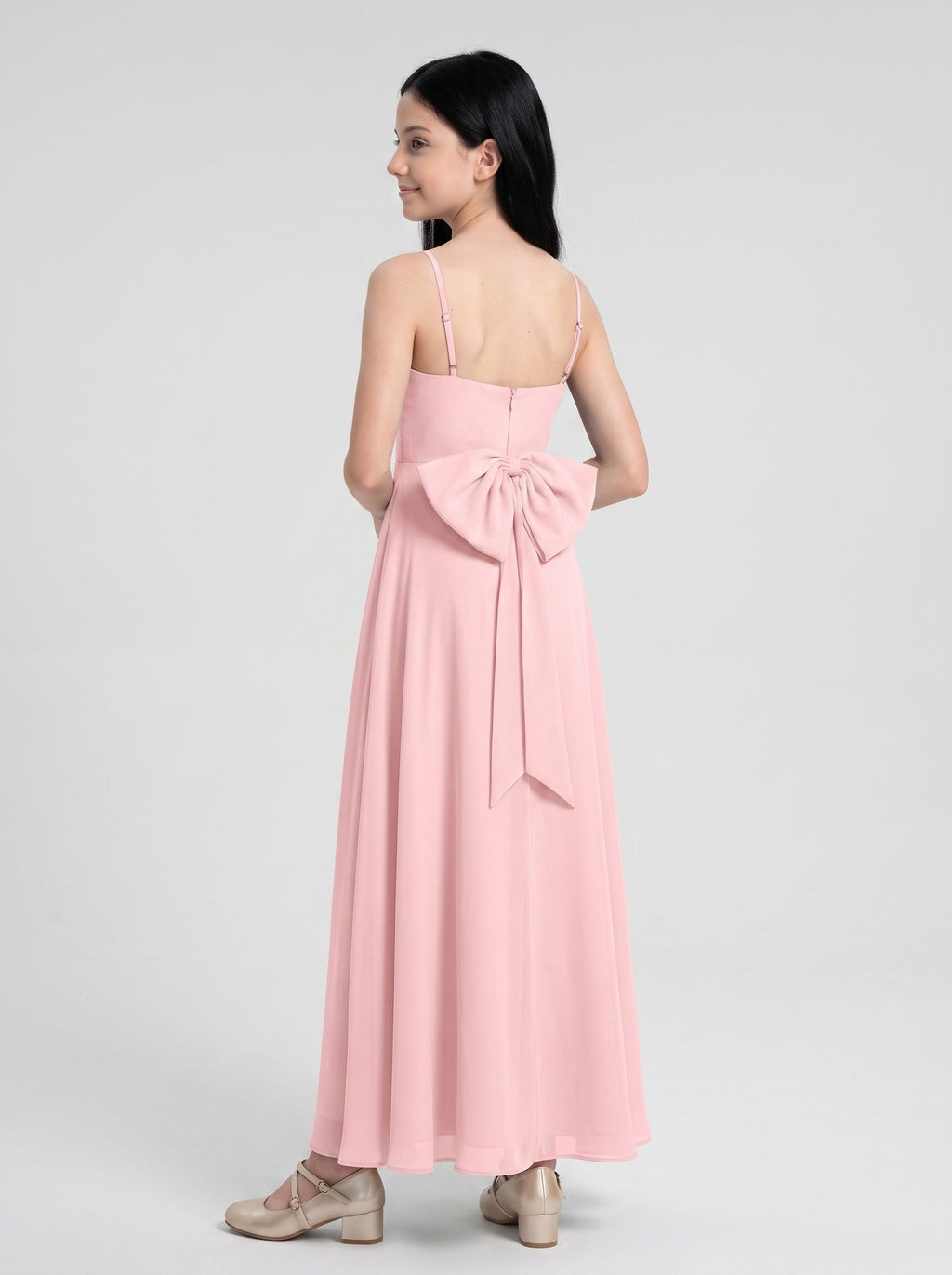 Petal Chiffon A-Line Straight Neck Back Zip Floor-Length Dress with Pleated Bodice
