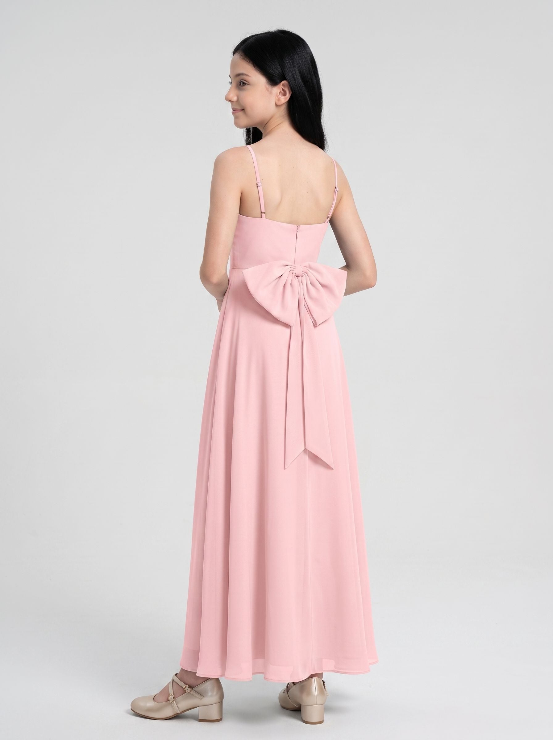 Petal Chiffon A-Line Straight Neck Back Zip Floor-Length Dress with Pleated Bodice