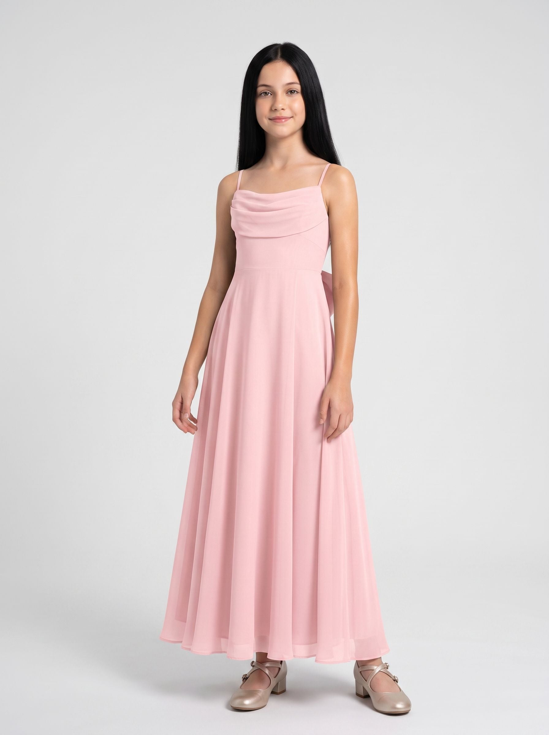 Petal Chiffon A-Line Straight Neck Back Zip Floor-Length Dress with Pleated Bodice