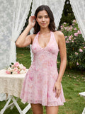 Petal Chiffon A-Line Halter neckline Side Zip Short Dress with Pleated Hem