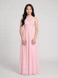 Petal Chiffon A-Line Scoop Neck Back Zip Floor-Length  with Pleated Bodice