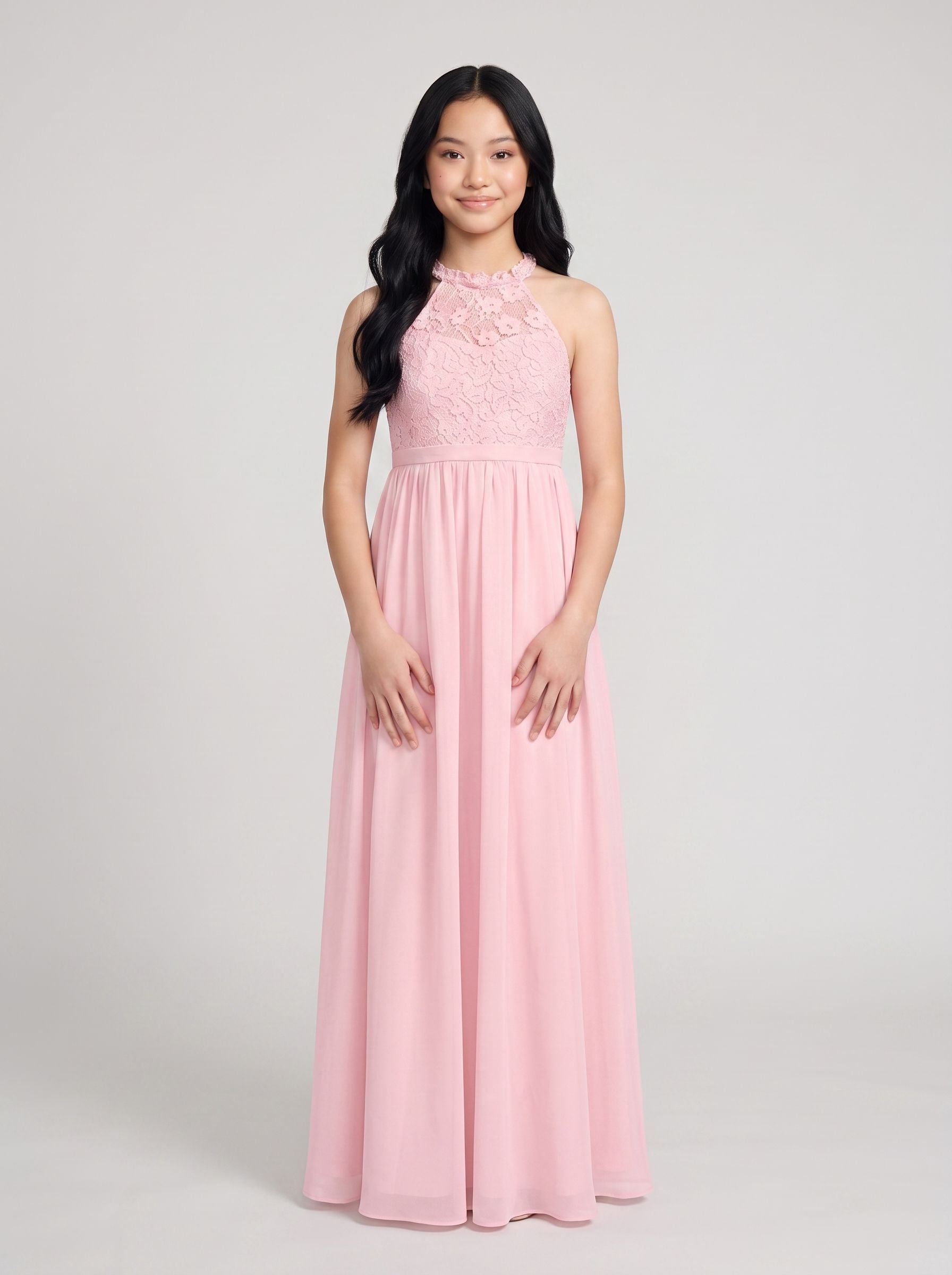 Petal Chiffon A-Line Scoop Neck Back Zip Floor-Length  with Pleated Bodice