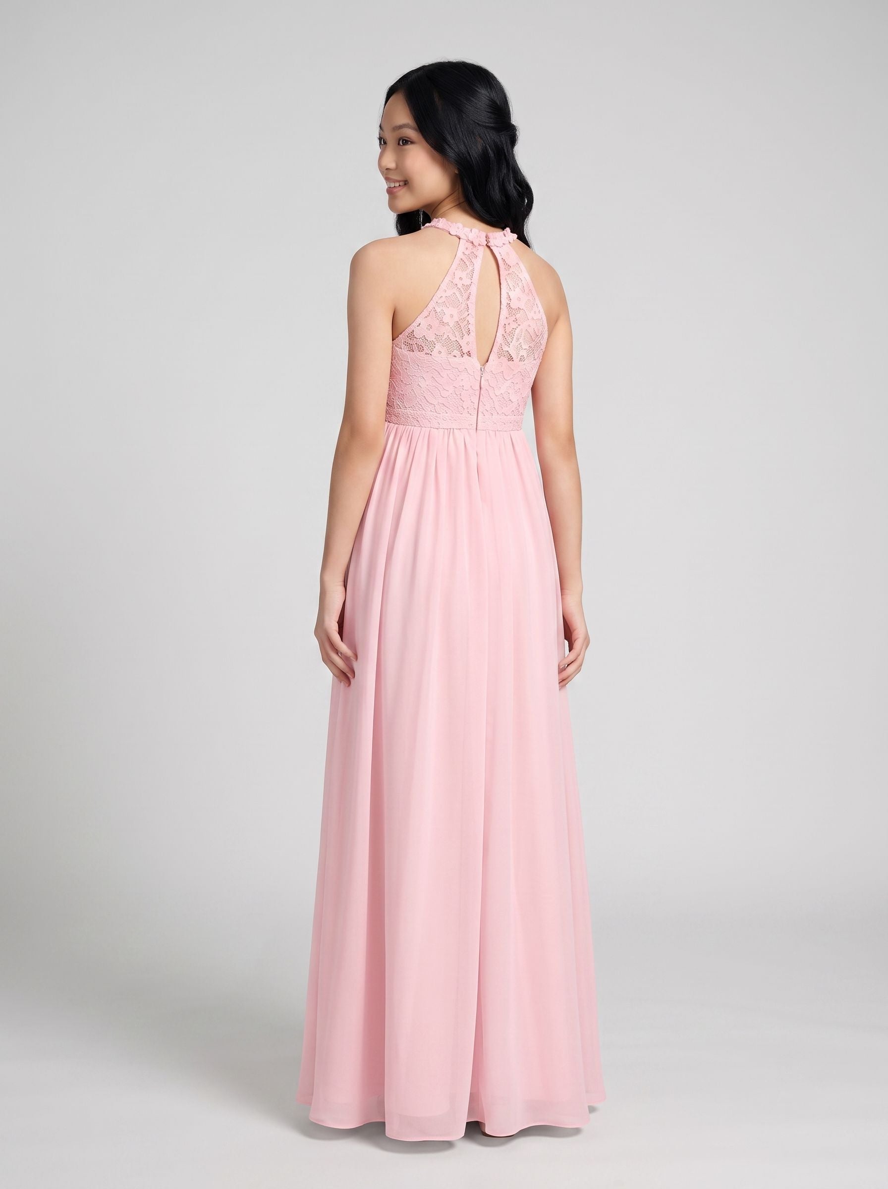 Petal Chiffon A-Line Scoop Neck Back Zip Floor-Length  with Pleated Bodice