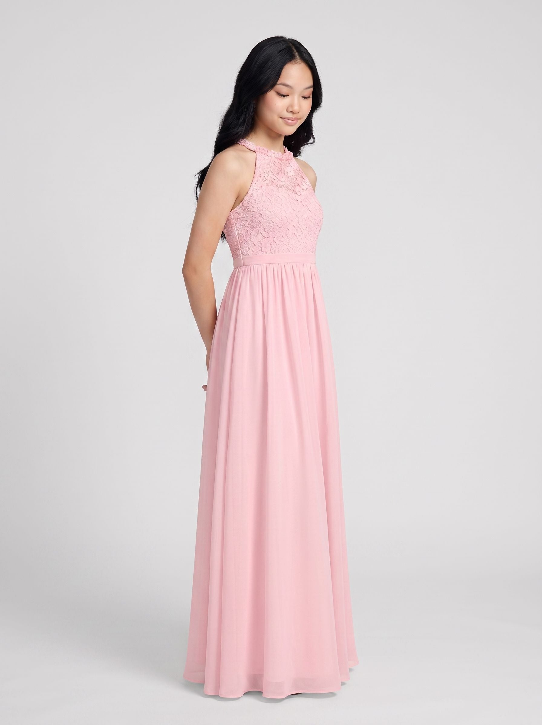 Petal Chiffon A-Line Scoop Neck Back Zip Floor-Length  with Pleated Bodice