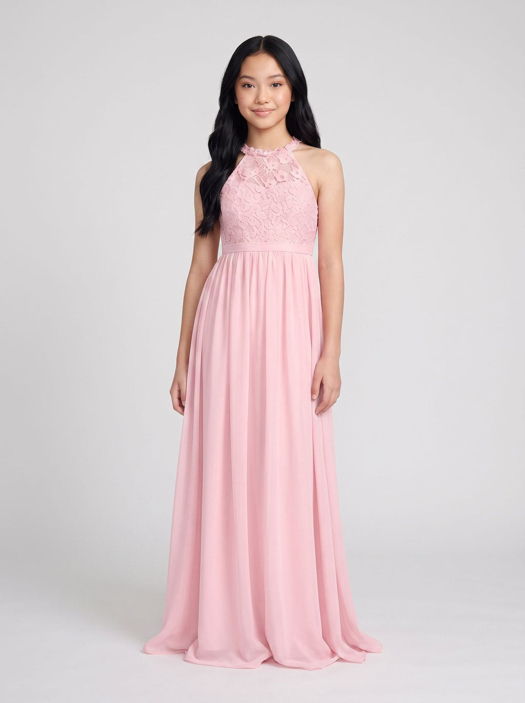 Petal Chiffon A-Line Scoop Neck Back Zip Floor-Length  with Pleated Bodice