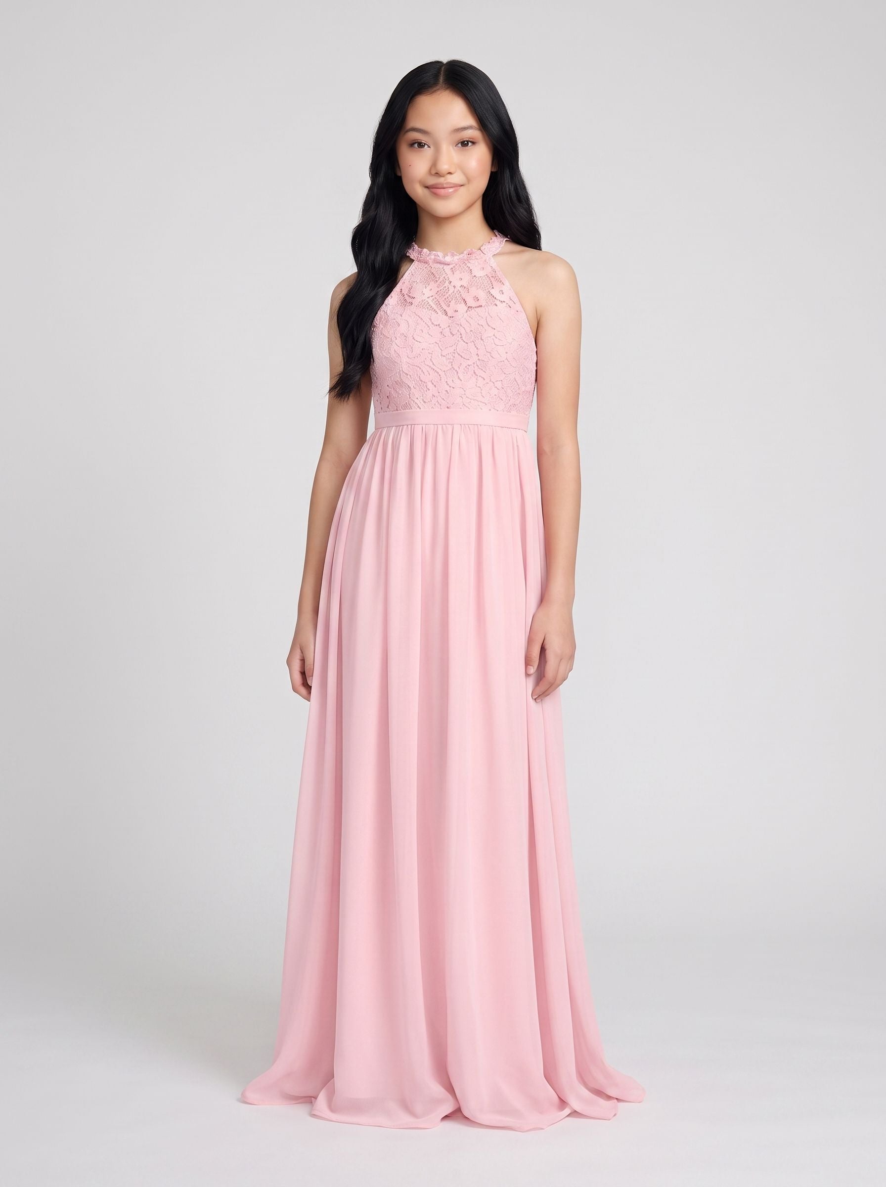 Petal Chiffon A-Line Scoop Neck Back Zip Floor-Length  with Pleated Bodice