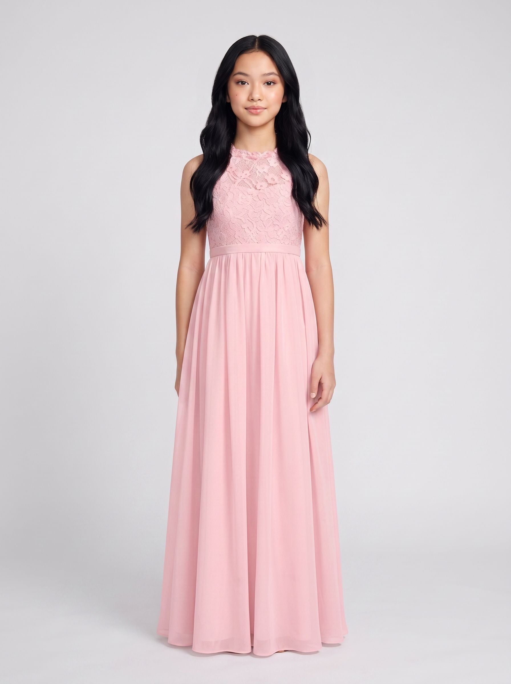 Petal Chiffon A-Line Scoop Neck Back Zip Floor-Length  with Pleated Bodice