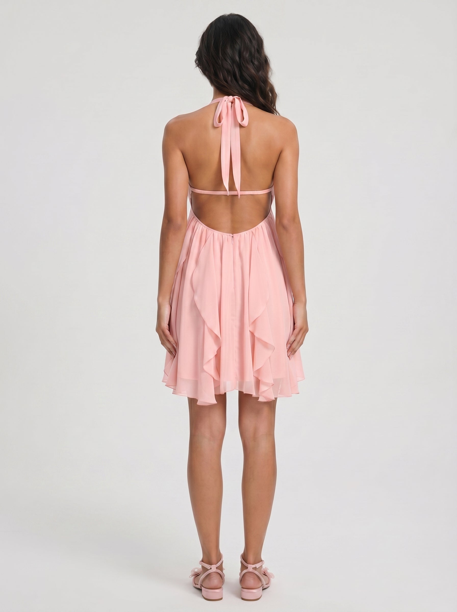 Petal Chiffon A-Line  Halter Neckline Backless Short Dress with Cascading Ruffles