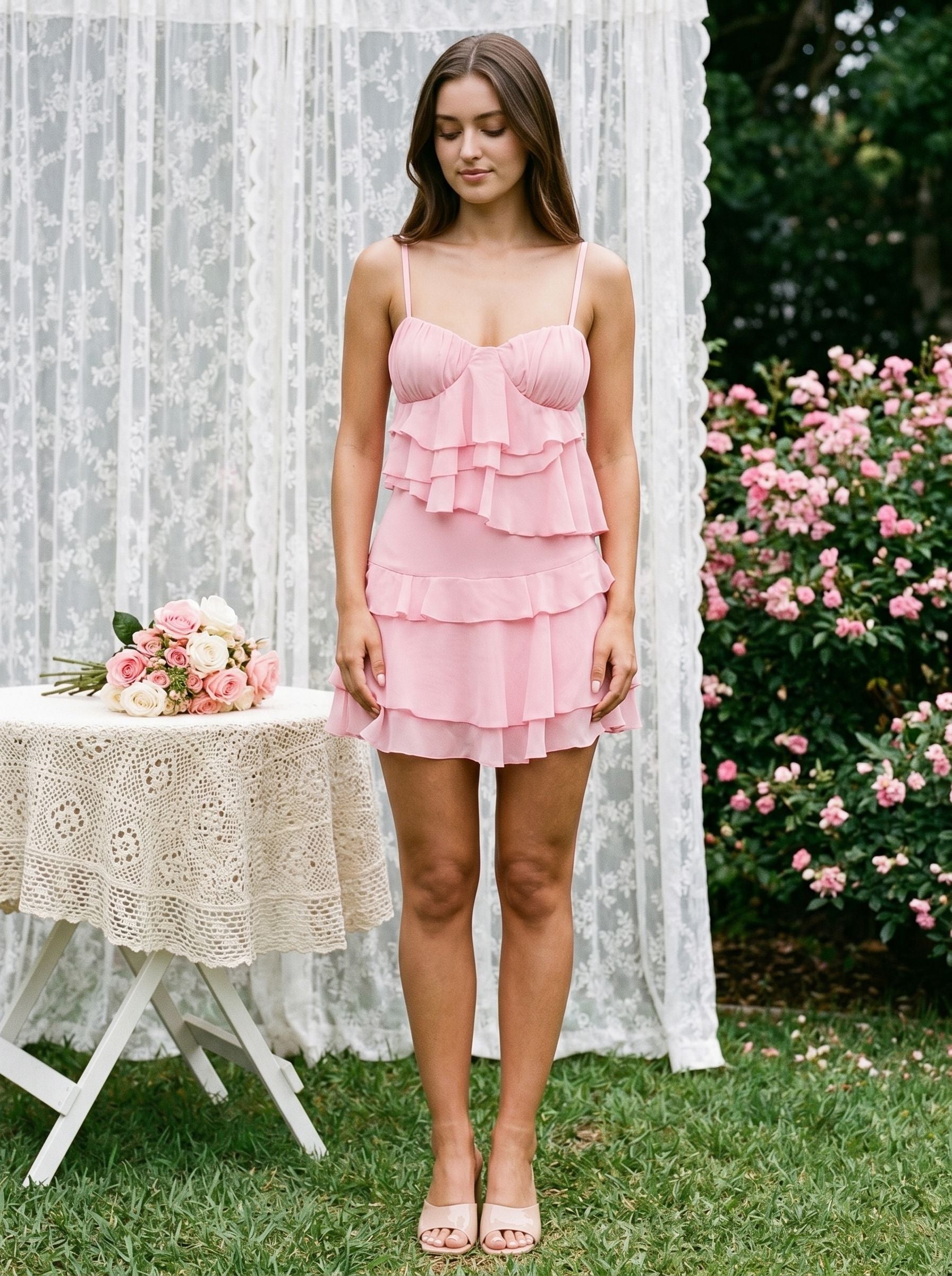 Petal Chiffon A-Line Sweetheart Side-Zip Short Dress with Cascading Ruffles