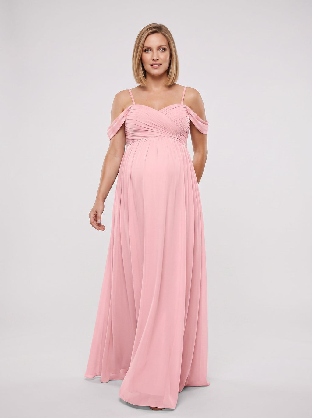 Petal Chiffon Empire Off-the-Shoulder Back Zip Floor-Length Dress with Draped Sweetheart Bodice