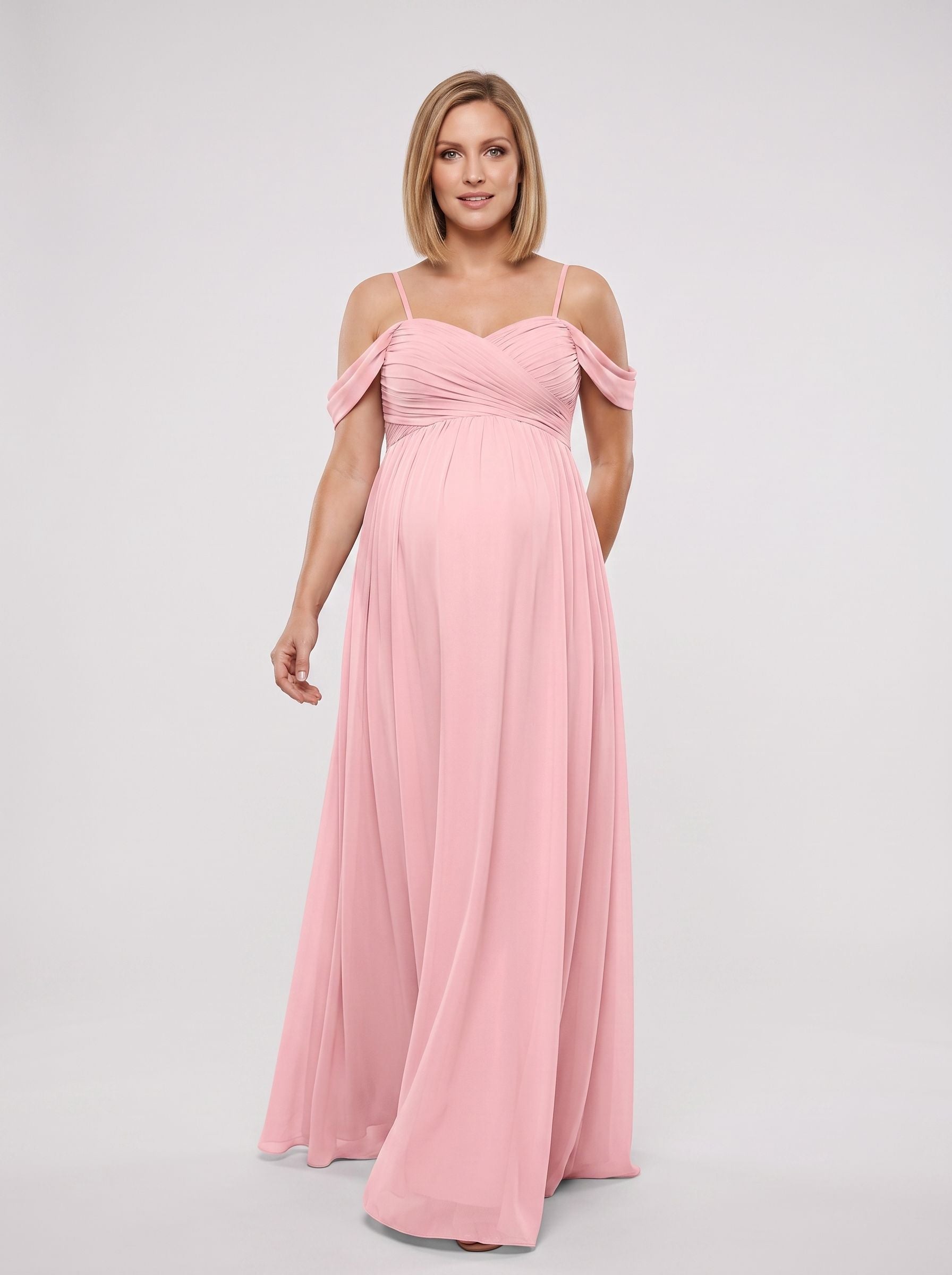 Petal Chiffon Empire Off-the-Shoulder Back Zip Floor-Length Dress with Draped Sweetheart Bodice