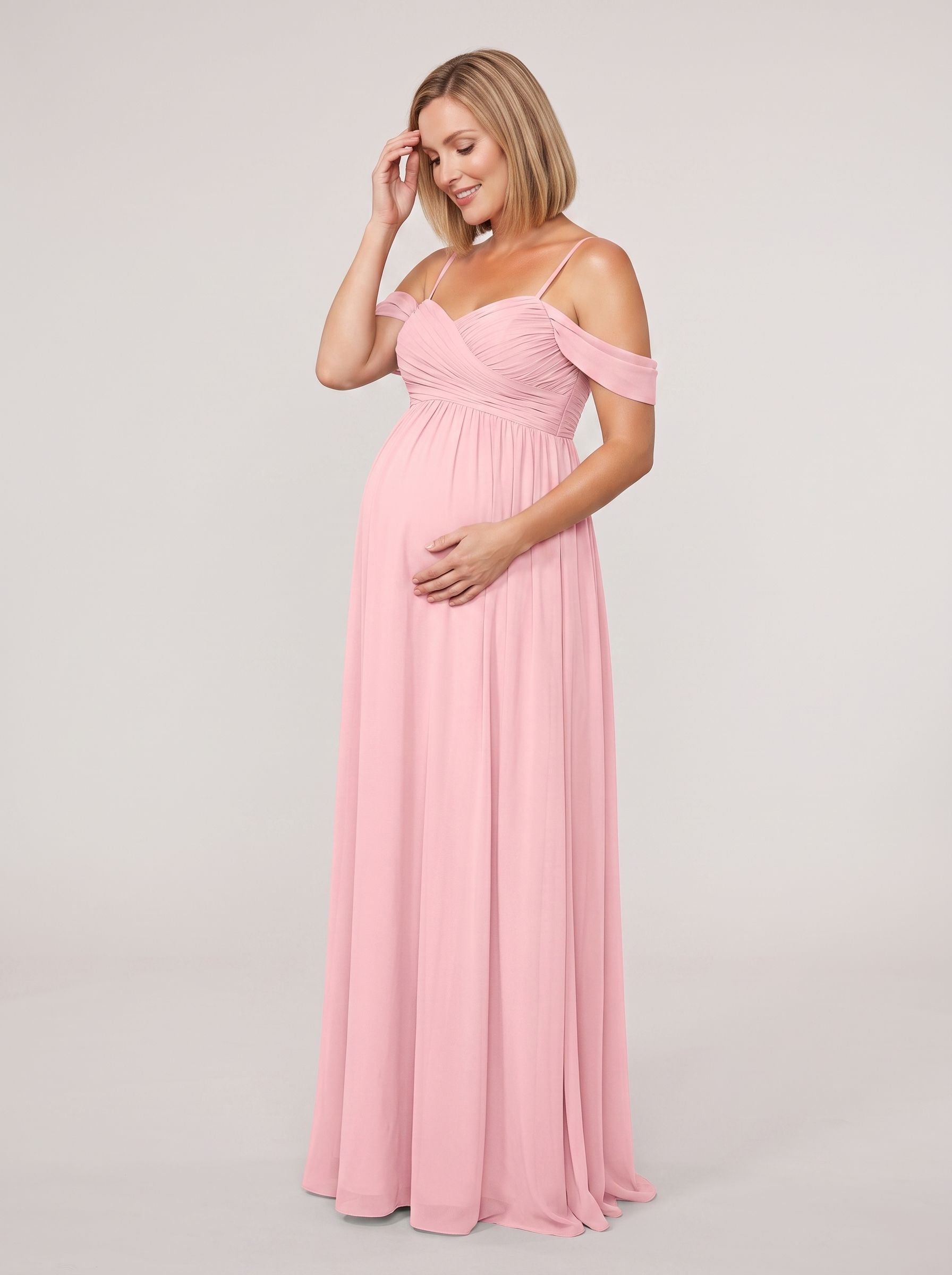 Petal Chiffon Empire Off-the-Shoulder Back Zip Floor-Length Dress with Draped Sweetheart Bodice