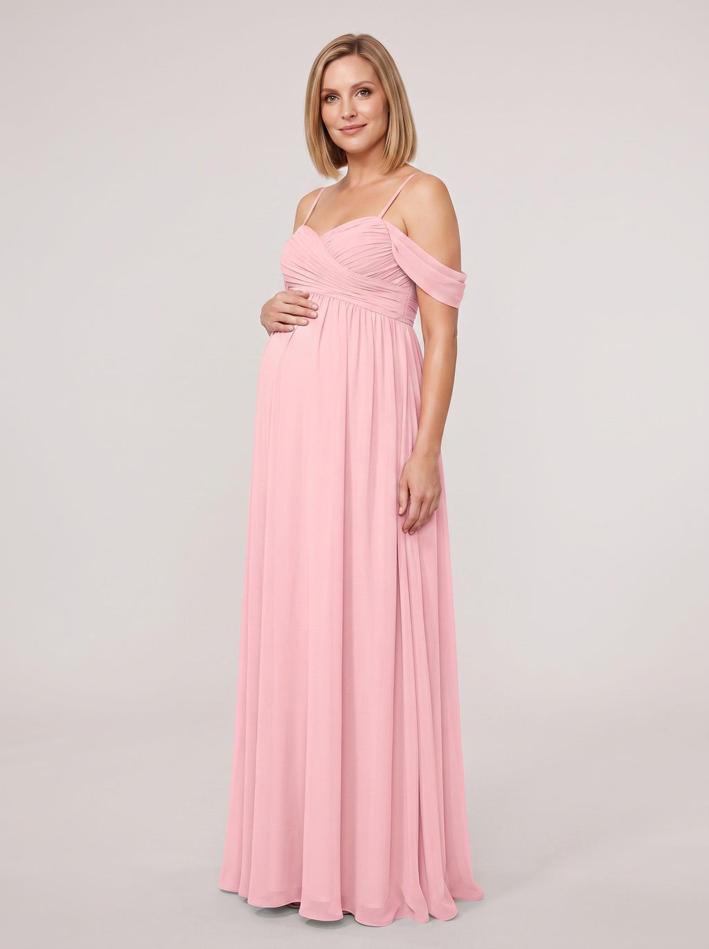 Petal Chiffon Empire Off-the-Shoulder Back Zip Floor-Length Dress with Draped Sweetheart Bodice